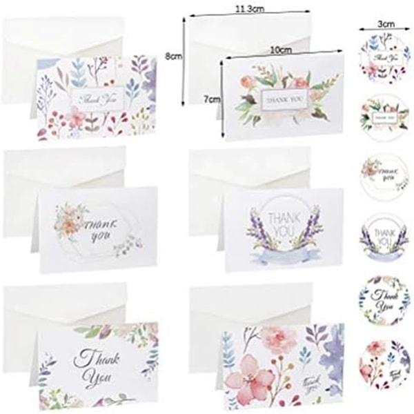 Sett med 12 blomstrete takkekort med 6 forskjellige design. Med konvolutter og 12 klistremerker for bryllup, babyshower, Thanksgiving takkekort