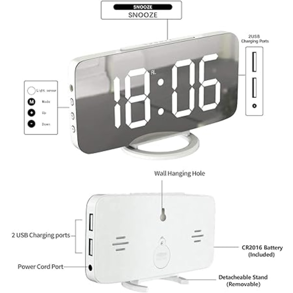 (Vit) Digital väckarklocka, stor spegelvänd LED-klocka, Snooze, Dim nattlampa 2 USB-laddningsportar Skrivbordsväckarklockor för sovrumsinredning