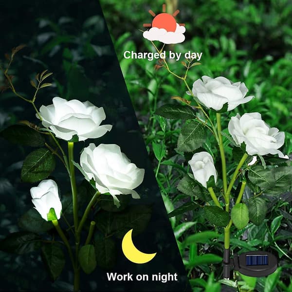 Solcelle Hagelys Utendørs, 2 stk Hagestake Lamper Med 6 Roseblomster Solcelle Roselys For Blomsterbed WHITE