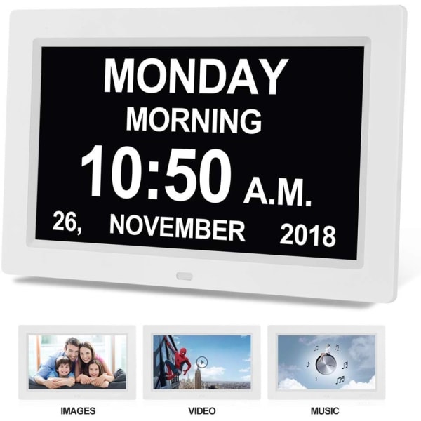 Digital kalenderdagklocka fotoram (9-tums svart) - automatisk avbländande skärm, stor synskadad digital klocka, med icke förkortad dag och M