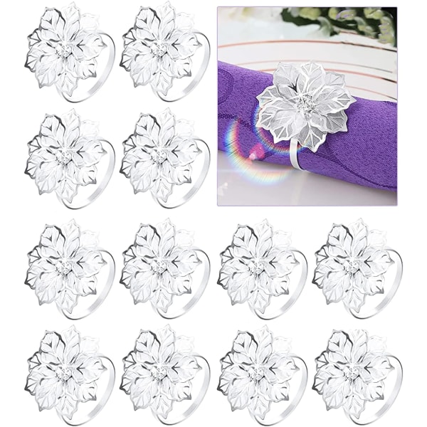 (Silver-12 ST) Blomma servettringspänne, ihålig blommig strass metall servettringar hållare för bröllopsbankett Julbordsdekor