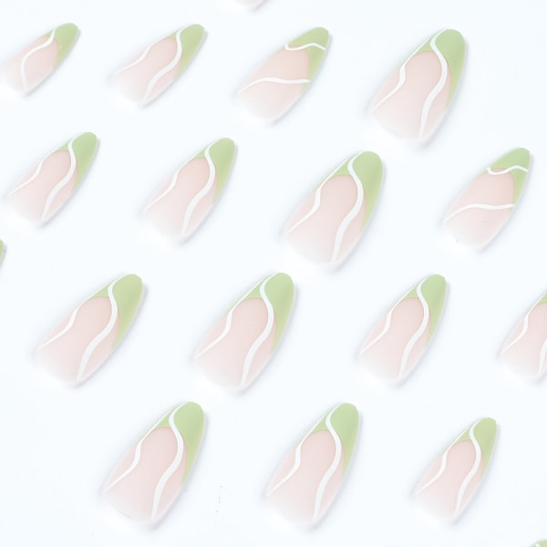 24 bitar av frostad grön kant med naglar i fransk stil, vita vågiga trycknaglar, vackra korta lösnaglar, nagellim, roterande oval för kvinnor