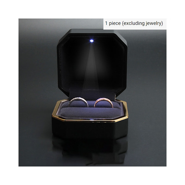 En (sort, ca. 7,5*7,5*5,1 cm) Luksus Ringæske, Firkantet Fløjl Bryllupsring Etui Smykke Gaveæske med LED-lys til Frieri Forlovelse Bryllup
