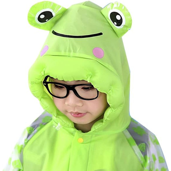 Unisex barn söt grön groda regnrock (lämplig för längd 120-130cm), 3D kreativ huva poncho för pojkar och flickor vattentät svepningsset PVC