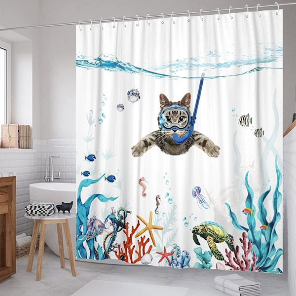 Bruseforhæng 180 x 180 cm Dykkerkat Ocean Print Vandtæt Badeforhæng Vaskbart Anti Hurtigtørrende Polyesterstof Badeværelsestilbehør med 12 Kroge