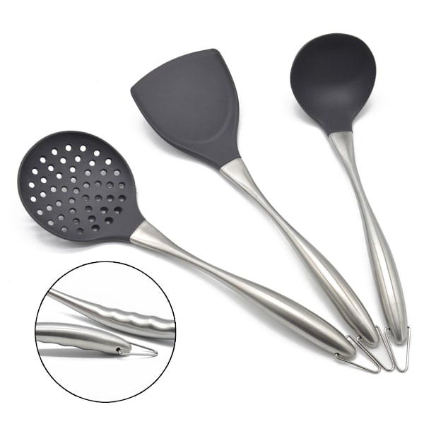 Køkkenredskabssæt, 3 dele silikone rustfrit stål køkkenredskaber, inkluderer fleksibel silikone wokspatel, ske, hulske grå