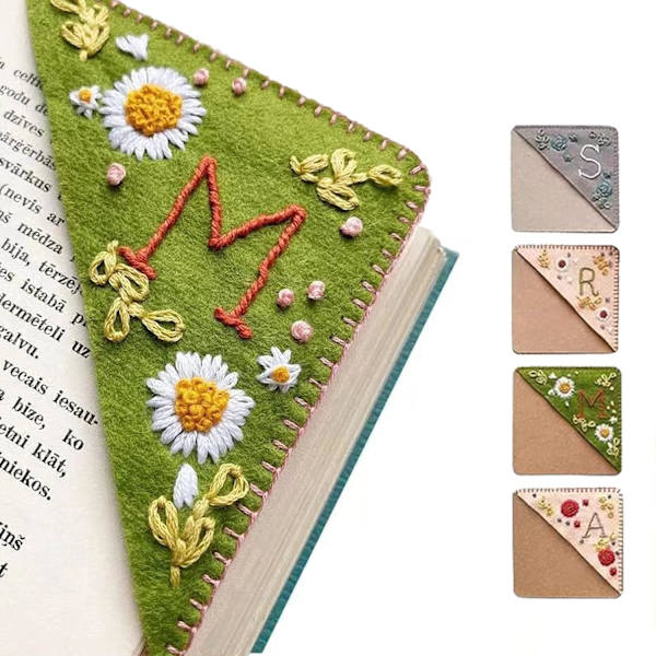 (A, Sommar) Personlig Handbroderad Hörnbokmärke, 1 Bokstav Handstickad Filt Hörnbokstav Bokmärke, Söta Blomsterbroderi Bokmärken för Bo