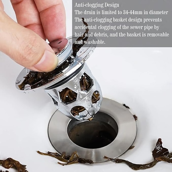 2 stk. universelt vaskdeksel (sølv), pop-up vaskdeksel, indre diameter 30 mm, anti-tett avløpsrør, egnet for badekar, kjøkkenvask,