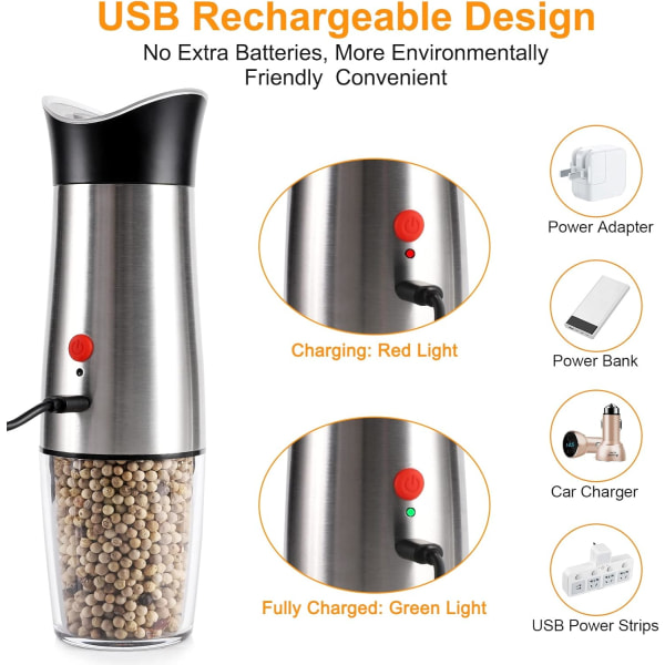 Elektrisk salt- och pepparkvarn Uppladdningsbar: - USB Automatisk Gravity Peppermills Set, Justerbar Malning Grovhet Återfyllbar Auto Peppercorn Sh