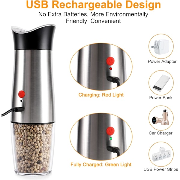 Elektrisk Salt- og Pepperkvern Oppladbar: - USB Automatisk Gravitasjons Pepperkvernsett, Justerbar Grovhet Gjenfyllbar Auto Pepperkorn Sh