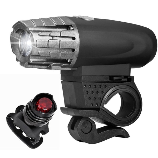 En set svart (frontljus + juvelbakljus) cykelljus 360-graders rotationsutrustning USB laddningsvarningsljus utomhuskörning starkt ljus