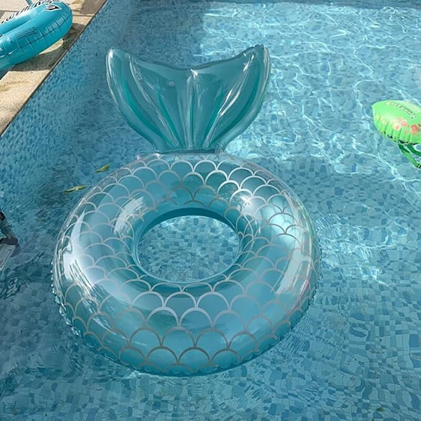 Vuxen sjöjungfru badring (blå, uppblåst ytterdiameter 110 cm), sjöjungfru pool flytande båt roliga vattenleksakstillbehör, exklusive pump