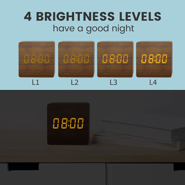 Mörkbrun trä digital väckarklocka, LED morgon väckarklocka digital klocka med datum, temperaturvisning, 3 larm, 4 ljusstyrkenivåer, batteri eller USB P