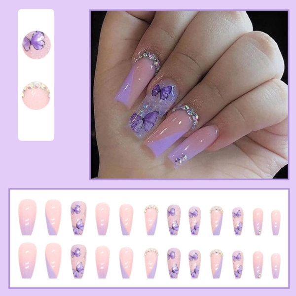 Kiste Kunstige Negler Lange Trykk på Negler Sommerfugl Gradient Falske Negler Akryl Full Dekning Bling Negletipper for Kvinner og Jenter 24 stk