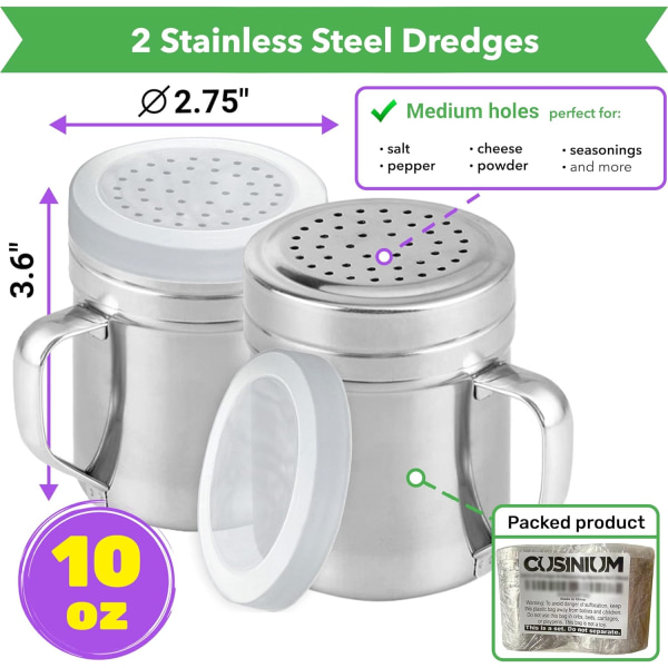 Metal Salt Peppar Dredge Shakers - Med handtag - Kryddor Spice Shakers med hål och lock - 10 ounce, 2st