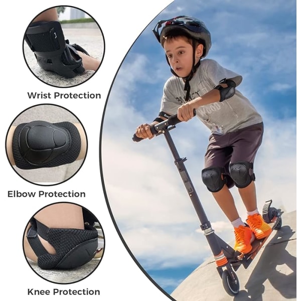 Knä- och armbågsskydd för barn/tonåringar 3-9 år gamla (svarta, 6-delade set), lämplig för rullskridskoåkning, cykel, inline skateboard, skoterridi