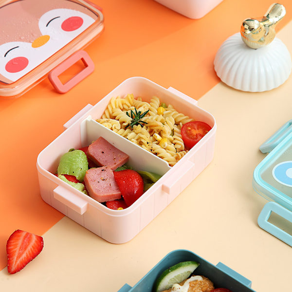 Cartoon plast lunchlåda (600 ml rektangulär gul), söt lunchlåda med fyra knappar för barn, bärbar student mikrovågsugnslunchlåda