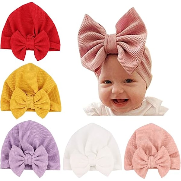 5-pack baby turban set (rosa, rosa, lila, gul, röd) mössa med rosett söt elastisk barnmössa pojke baby mössa