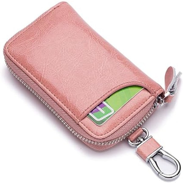 Multifunktionell bilnyckelring i läder (rosa), nyckelhållarplånbok, nyckelhållarplånbok, multifunktionell dragkedja med nyckelfodral, finns i 6 färger