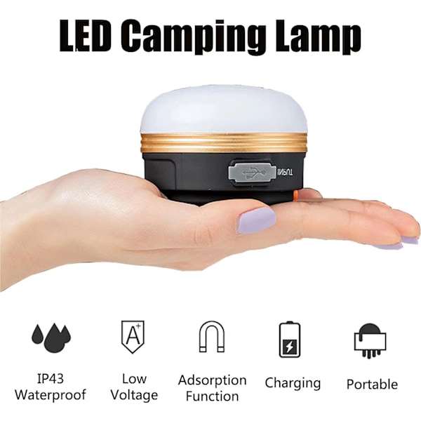 Hängande campinglampa med magnet (uppladdningsbar modell), vattentät bärbar LED-campinglampa, 5 belysningslägen och stark magnet tältlampa för camping