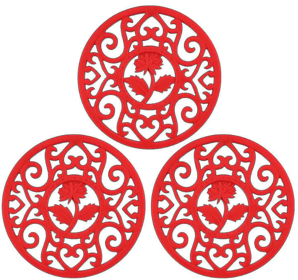 Silikonunderlägg Set om 3 Silikon Multi-use Intricately Carved Trivet Set Red