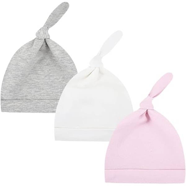 3 st babybågshatt 0-6 månader (grå, vit, rosa) nyfödd pojke flicka bomull justerbar babyhatt