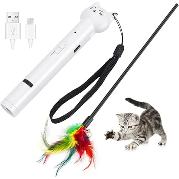 Katt leksaker LED-pekare, 8 i 1 katt spårare trollstav USB uppladdningsbar katt penna ljus katt fjäder leksaker interaktiva katt jagare leksaker för inomhuskatter kattungar husdjur