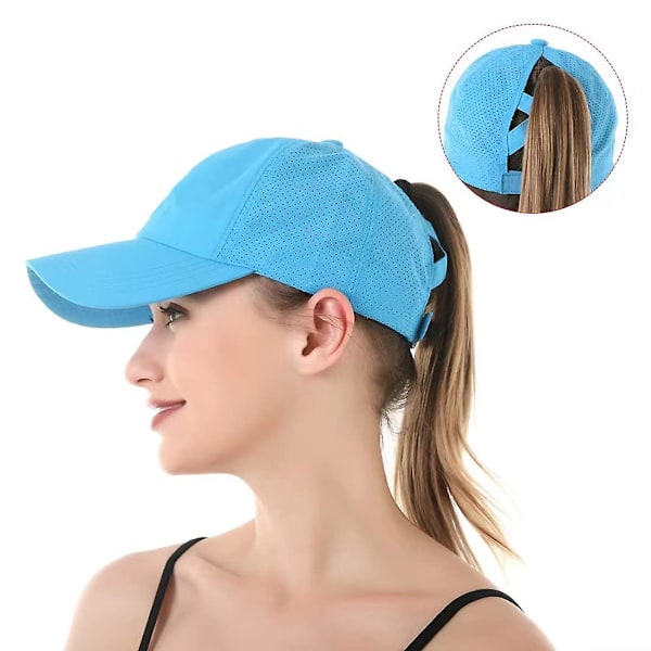 Dame Ponytail Baseball Cap, Justerbar Åndbar Kryds Mesh Hurtigtørrende Messy High Bun Ponycap Hat BLUE