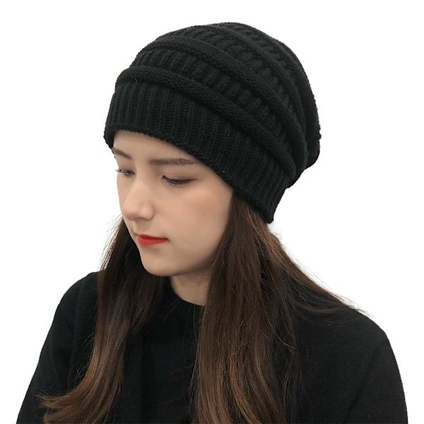 Vinterstrikkede Beanies til Kvinder, Silke Satinforet Tyk Hue Blød Strækbar Kabelstrikket Varm Slouchy Beanie Hue Black