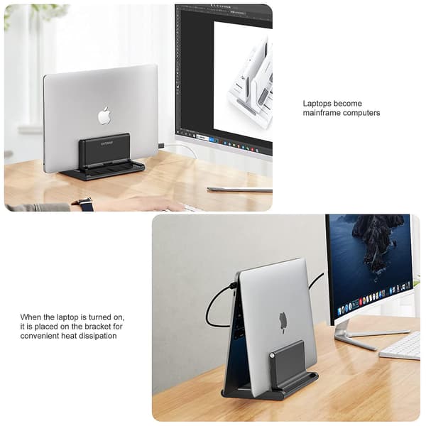 Justerbart Lodret Laptopstativ til Skrivebord, Notebook Holder med Telefonholder, Desktop Dock 3 i 1 Pladsbesparende Black