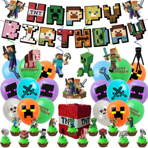 45 st minecraft tema födelsedagsfest set, Födelsedagsdekoration Ballongset, Dekoration Födelsedag, Grattis på födelsedagen Banner, Födelsedagsdekoration Set
