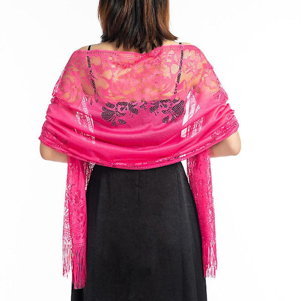 Kvinnors blommiga spetsnät Pashmina fest bröllop sjal halsduk med fransar Rose red