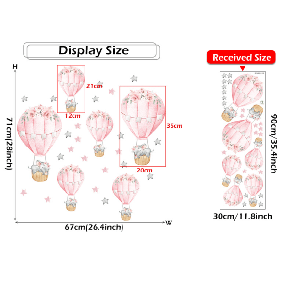 Tvådelad (rosa) varmluftsballong sovande elefant Väggdekal，Väggdekaler med varmluftsballong |Perfekt för ett barns sovrum, lekrum eller barnkammare