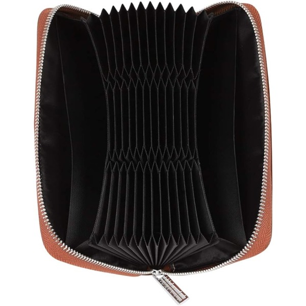 Orgel lång kortväska (brun), 36 platser RFID-korthållare stor lång läder dragkedja plädad bok dragspel plånbok