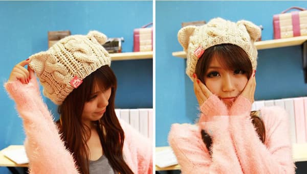 Søde Uldlignende Strikkede Katte Kitty Ører Dame Pige Hovedbeklædning Hæklede Julehatte Beige