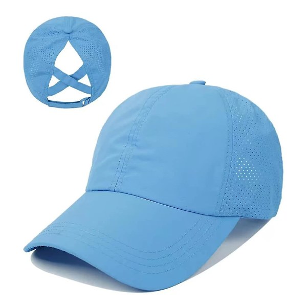 Dame Ponytail Baseball Cap, Justerbar Åndbar Kryds Mesh Hurtigtørrende Messy High Bun Ponycap Hat BLUE