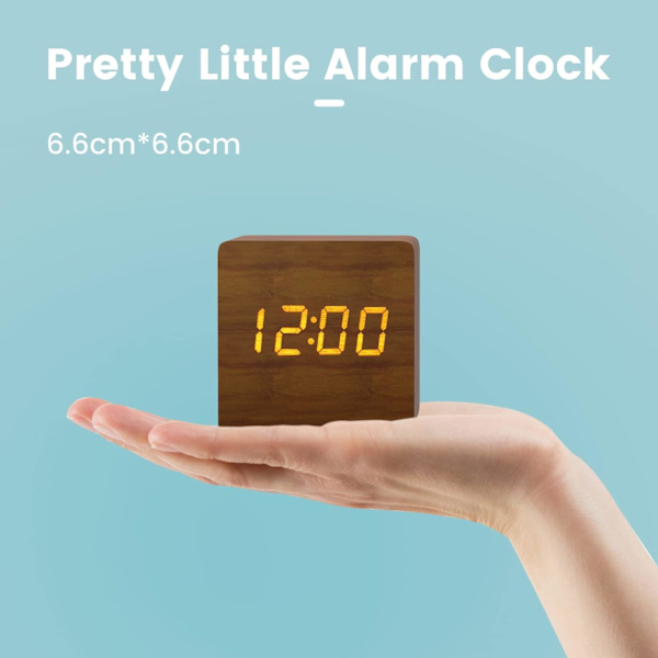 Mörkbrun trä digital väckarklocka, LED morgon väckarklocka digital klocka med datum, temperaturvisning, 3 larm, 4 ljusstyrkenivåer, batteri eller USB P