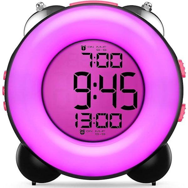 Ringande digital väckarklocka (svart och rosa) med valfria dubbla larminställningar Snooze-funktion Nattlampa sängbords batteridriven klocka
