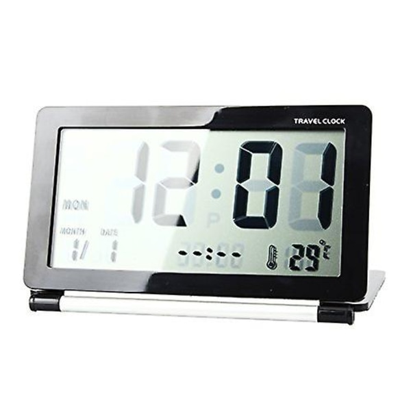 Lydløs LCD Digital Stor Skærm Rejse Foldbart Elektronisk Vækkeur Med Temperatur Dato Tid Kalender Black
