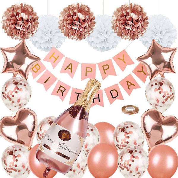 34 st Roséguld Partydekorationer Grattis på födelsedagen Konfettiballonger med Banner, Jätte Champagne Folieballonger, Stjärna Hjärta Folieballonger, Silkespapper Pom