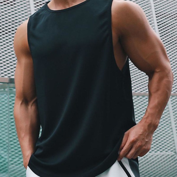 Tanktopp for menn, ermeløs T-skjorte, singlet, hurtigtørkende, svettetett sportsundertrøye for løping, fitness, treningsstudio Black L