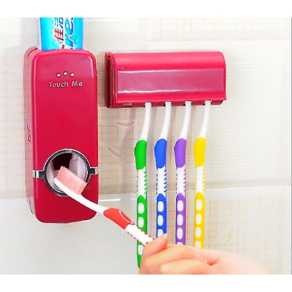 Tandkrämsdispenser Automatisk tandkrämspressare och hållare Set handsfree 5 borsthållare Red