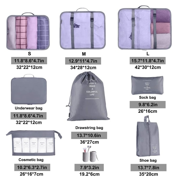 Packningskuber för resväska, 9 st resbagage packarrangörer Vattentät reseväska Grey