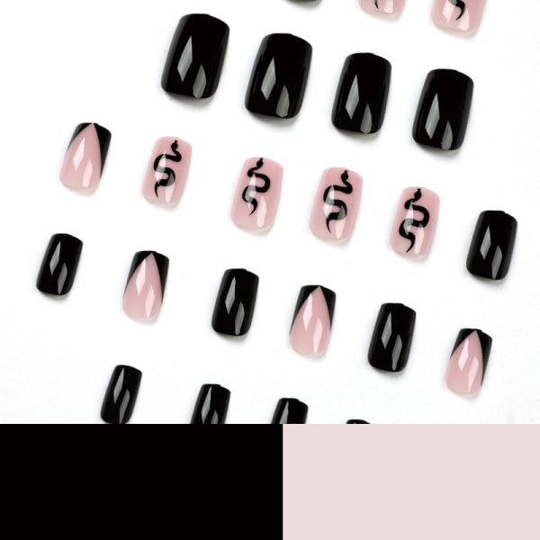24 st Press (svart fransk blomma) på naglar Medium, falska naglar mandellim på naglar, lösnaglar med lim, akrylnaglar för kvinnor och flickor