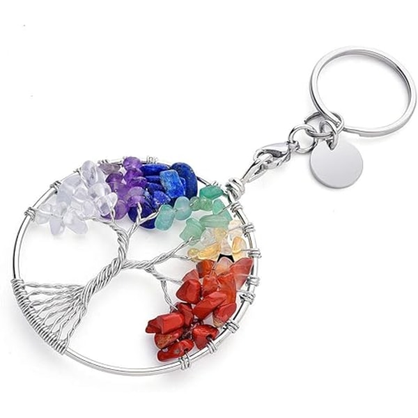 7 Chakra Livets Træ Krystal Nøglering Ædelsten Healing Krystaller Nøglering Sølv ID Tag Bil Nøglering Tromlede Sten Perler Nøglering Kvinder Mænd