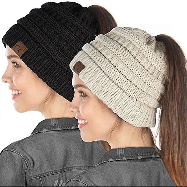 Stretchig kabel trendig varm stickad mössa slarvig hög bulle hästsvans mössa mössa Black gray