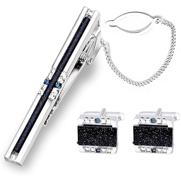 Glittrande Galaxy Stone Manschettknappar och Slipsklämma Set, Randig Galaxy Mörkblå Manschettknappar och Herr Slipsklämma Set