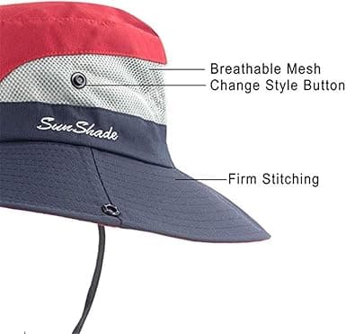 Sommerhatt for kvinner, netting, bred brem, UV-beskyttelse, med hull for hestehale