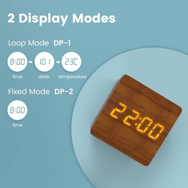 Mörkbrun trä digital väckarklocka, LED morgon väckarklocka digital klocka med datum, temperaturvisning, 3 larm, 4 ljusstyrkenivåer, batteri eller USB P