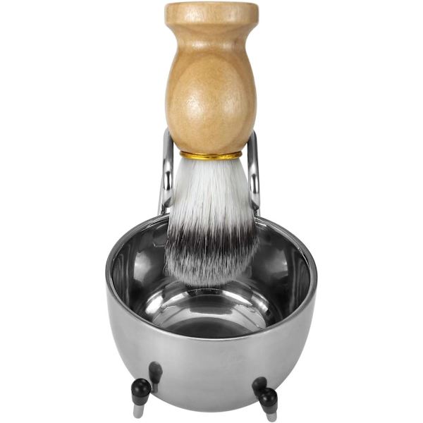Barbersett for menn i rustfritt stål, barberkost med trehåndtak